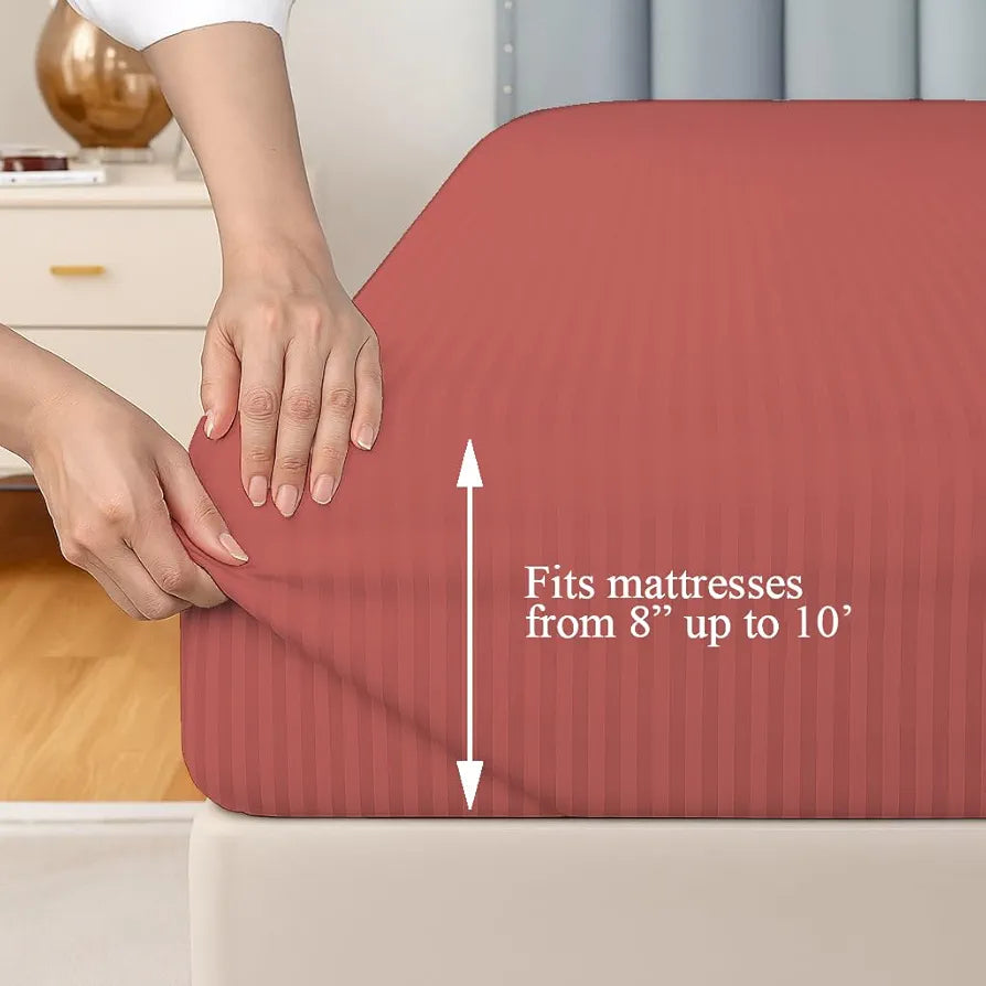 Trance Home Linen 100% Cotton 78x72 inch King Fitted 200TC Satin Stripe Elastic Fitted Bedsheet | Bedroom Hotels Daily Use Fitted Bedspread with 2 Pillow Covers 