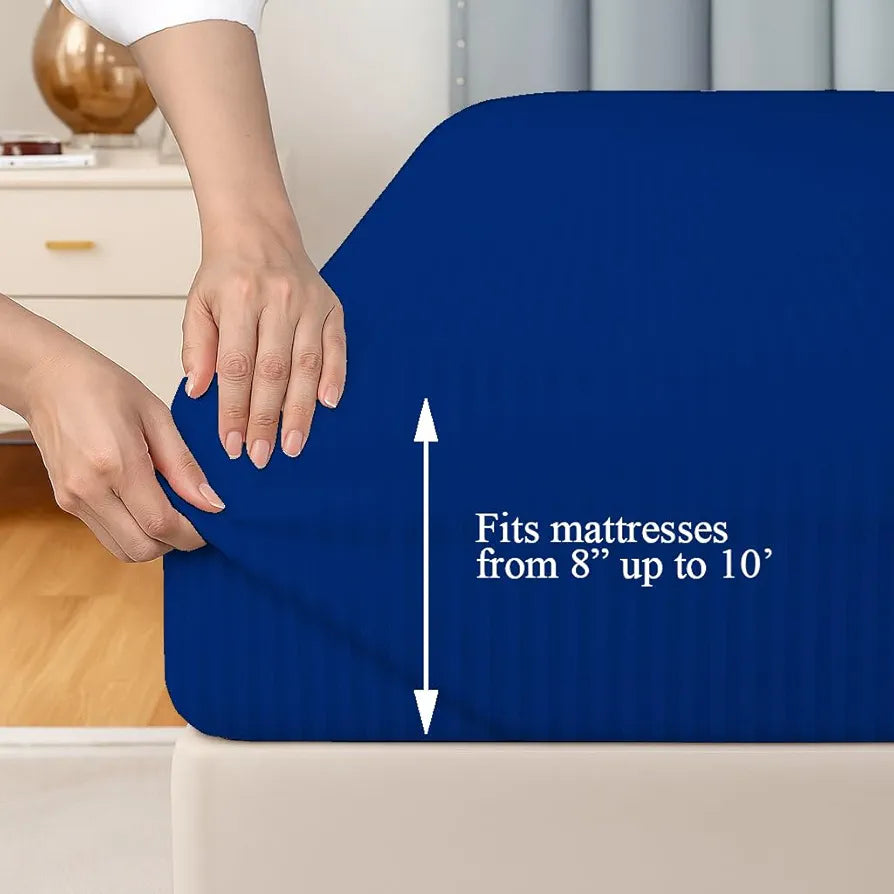 Trance Home Linen 100% Cotton 78x60 inch Queen Fitted 200TC Satin Stripe Elastic Fitted Bedsheet | Daily Use Double Bed Fitted Bedspread with 2 Pillow Covers 