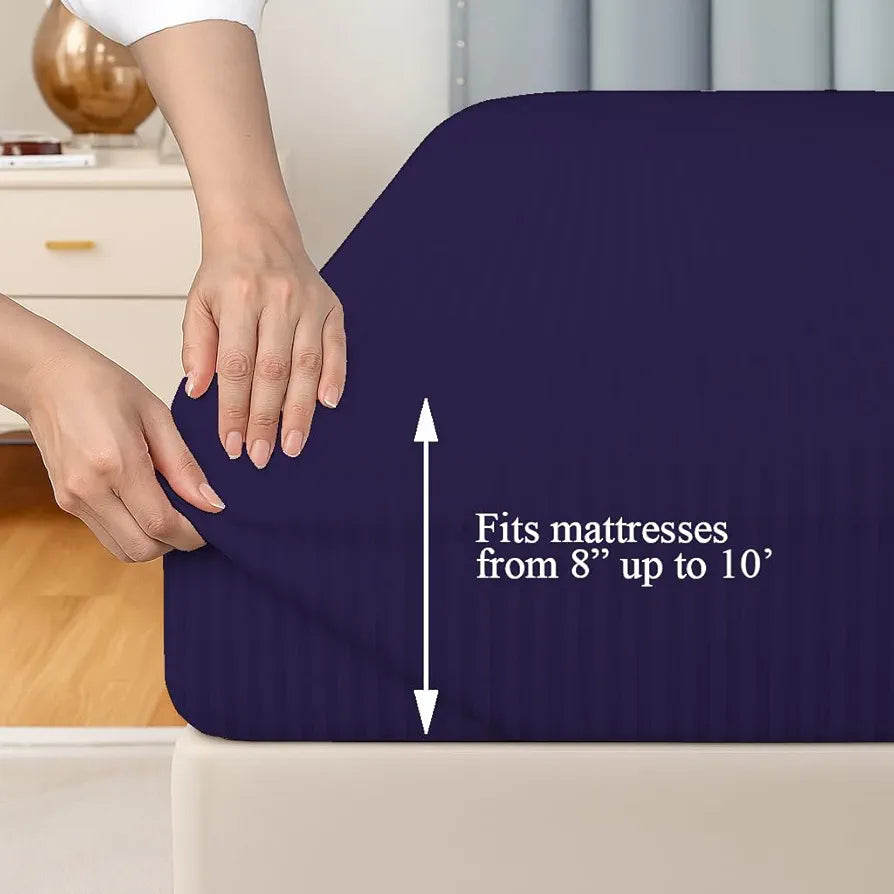 Trance Home Linen 100% Cotton 78x72 inch King Fitted 200TC Satin Stripe Elastic Fitted Bedsheet | Bedroom Hotels Daily Use Fitted Bedspread with 2 Pillow Covers 