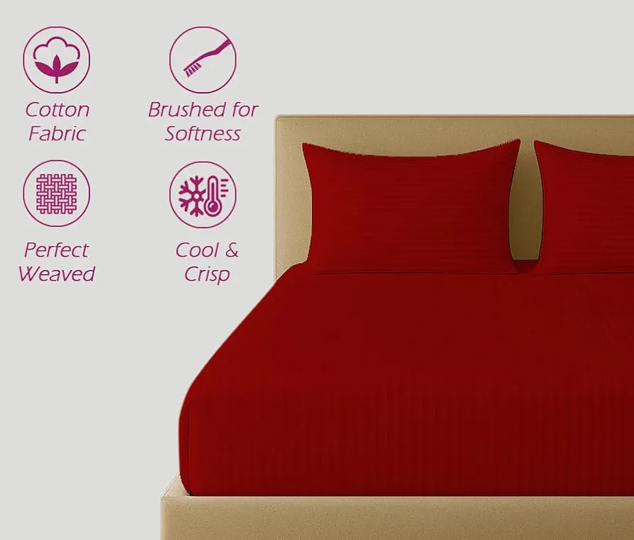 Trance Home Linen 100% Cotton 78x60 inch Queen Fitted 200TC Satin Stripe Elastic Fitted Bedsheet | Daily Use Double Bed Fitted Bedspread with 2 Pillow Covers 