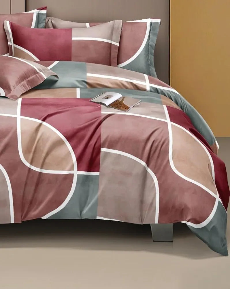 THE HOME STYLE 400 TC Cotton Feel Glace Cotton Elastic Fitted All Around Printed Queen Size Double Bed Bedsheet wih 2 Pillow Cover 