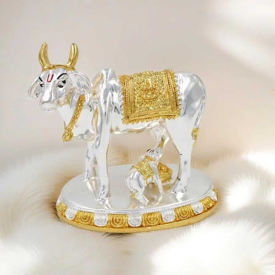 JAIPUR ACE Kamdhenu Cow with Calf Statue, Standard Size, Golden   