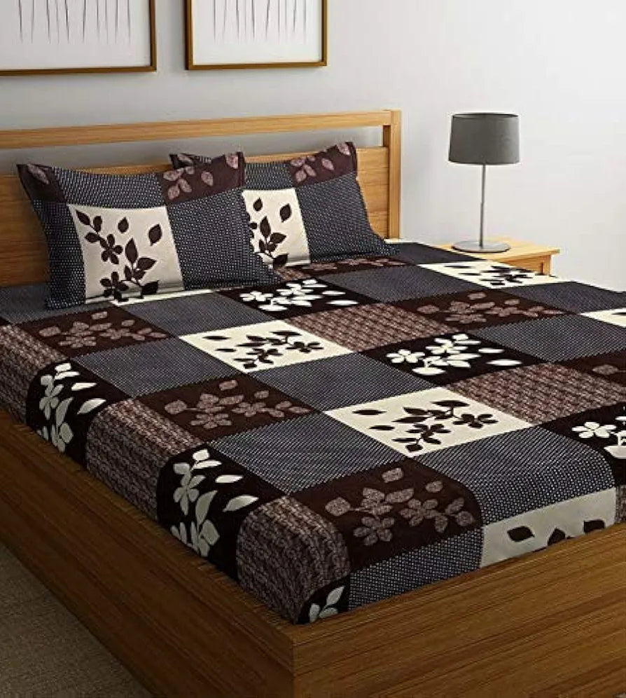 Polycotton 220 TC Floral Printed King Size Double Bedsheet with 2 Pillow Covers,  Brown