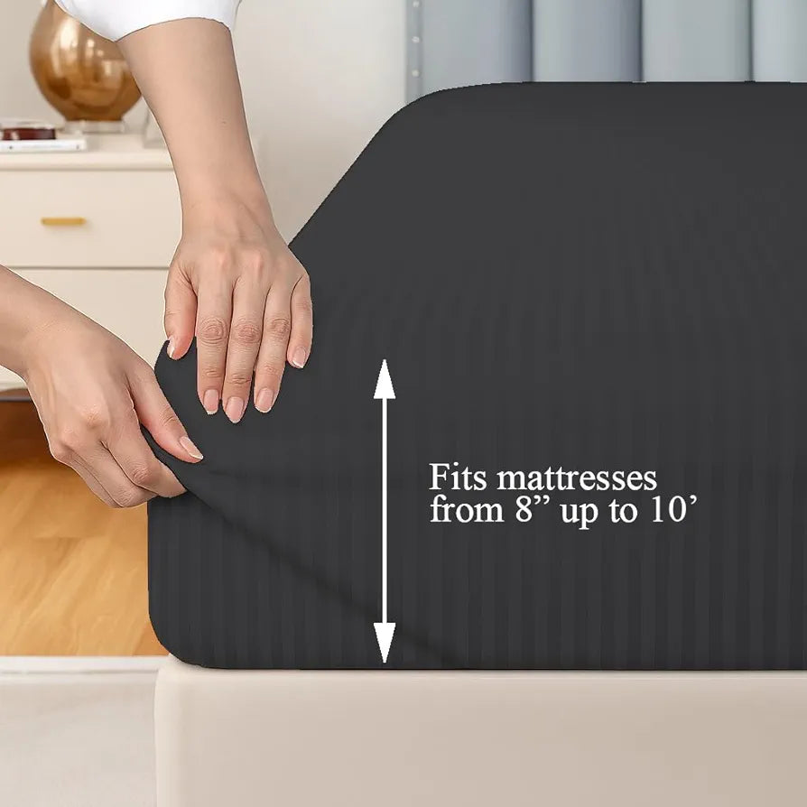 Trance Home Linen 100% Cotton 75x60 inch 200TC Satin Stripe Elastic Fitted Bedsheet | Daily Use Double Bed Fitted Bedspread with 2 Pillow Covers 