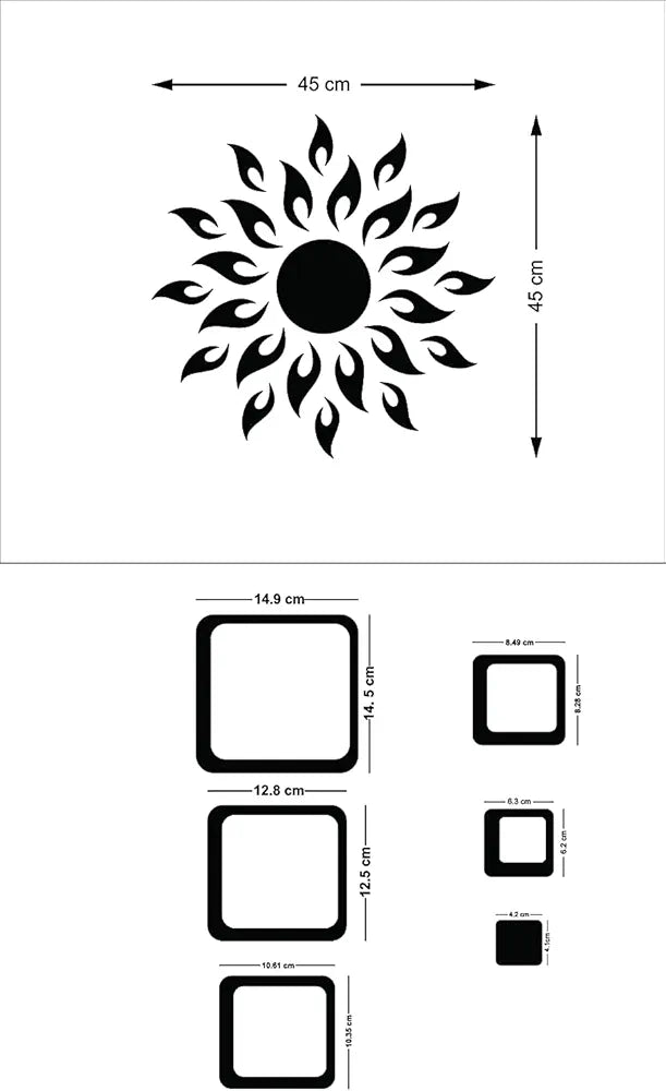 Bikri Kendra - Sun Brown with 2set Square Silver Mirror Sticker for Wall, Acrylic Sticker for Wall, 3D Wall Sticker