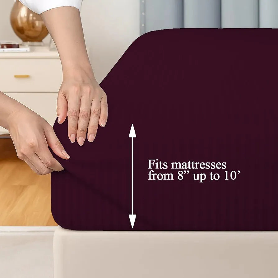 Trance Home Linen 100% Cotton 78x72 inch King Fitted 200TC Satin Stripe Elastic Fitted Bedsheet | Bedroom Hotels Daily Use Fitted Bedspread with 2 Pillow Covers 