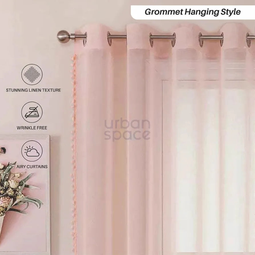 Urban Space Linen Textured Sheer Curtain for Door Living Room,Readymade Curtain with Rod Pocket, Set of 2 Decorative Curtains - Blush Pink with Pom pom 