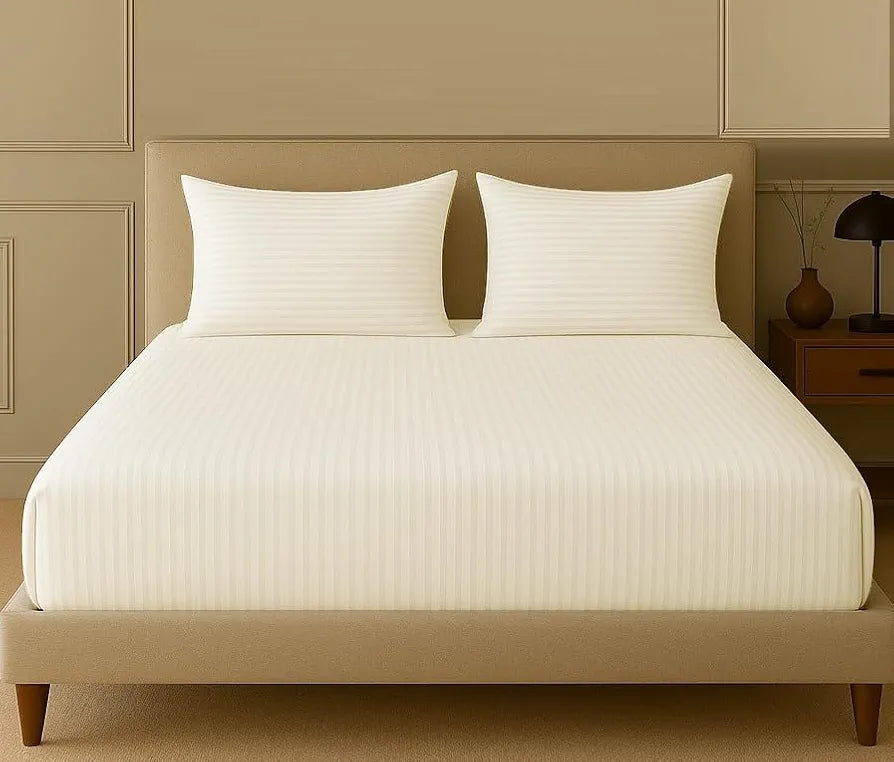 Trance Home Linen 100% Cotton 78x66 inch 200TC Satin Stripe Elastic Fitted Bedsheet | Daily Use Double Bed Fitted Bedspread with 2 Pillow Covers 