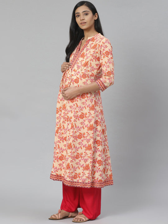 Women Cream-Coloured & Orange Printed Feeding Maternity A-Line Kurta