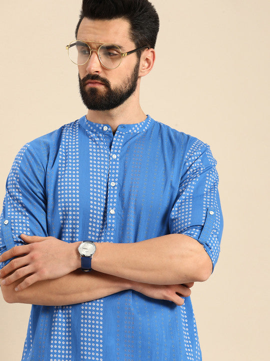 Anouk Men Blue Bandhani Printed Cotton Kurta