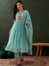 Sangria Blue Floral Embroidered Zari Sequince Anarkali Kurta With Trousers And Dupatta