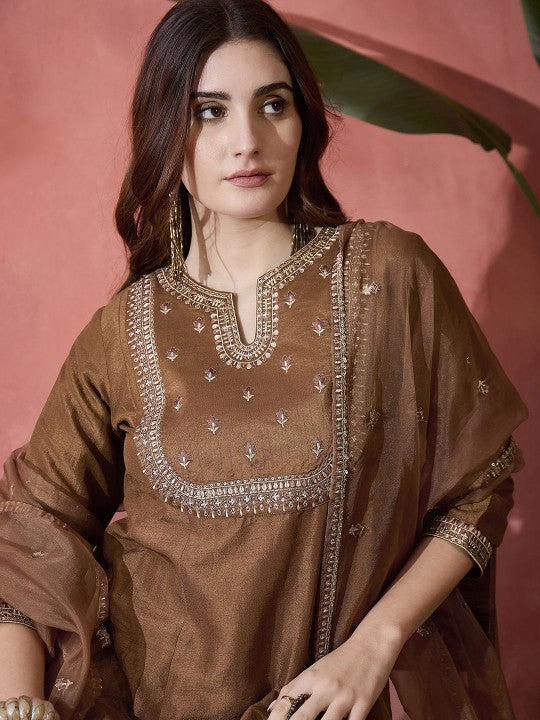 Floral Embroidered Sequinned A-Line Kurta With Trousers & Dupatta