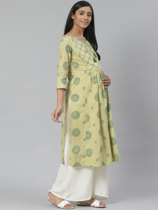 Women Green Printed Straight Pure Cotton Feeding Maternity Kurta