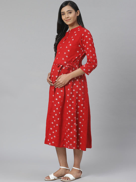 anayna Women Red & White Printed Pure Cotton Maternity A-Line Dress