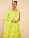 Soch Women Green Embroidered Mirror Work Pure Silk Kurta With Churidar & With Dupatta