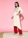 All about you Cream-Coloured & Pink Floral Embroidered Mirror Work Pure Cotton Kurta