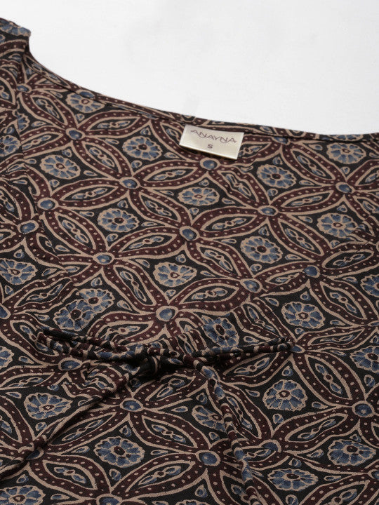 anayna Black & Brown Floral Tie-Up Neck Ethnic Cotton Maxi Ethnic Dress