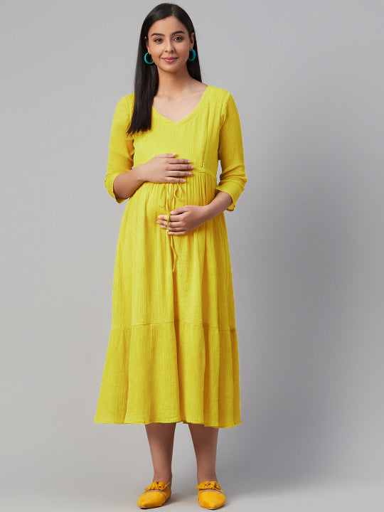 Women Lime Green Solid Tiered Maternity A-Line Dress