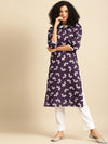 Anayna Women Aubergine & White Floral Screen Print Peter-Pan Collar Cotton Fusion Kurta