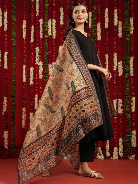 anayna Black & Orange Geometric Woven Design Cotton Anarkali Kurta with Trousers & Dupatta