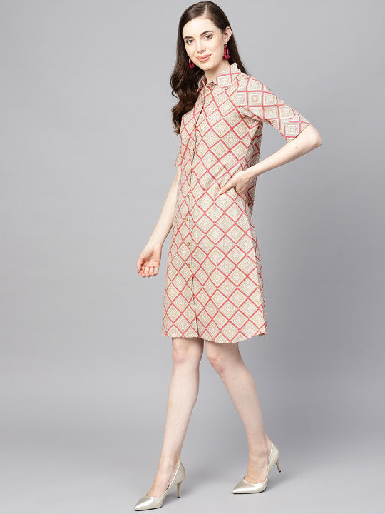 Women Beige & Pink Printed Shirt Dress