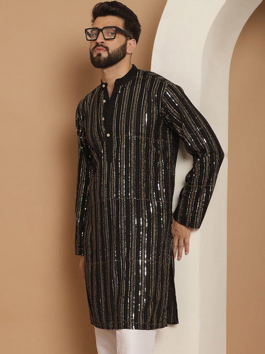 Anouk Black Striped Band Collar Sequinned Detailed Cotton Straight Kurta