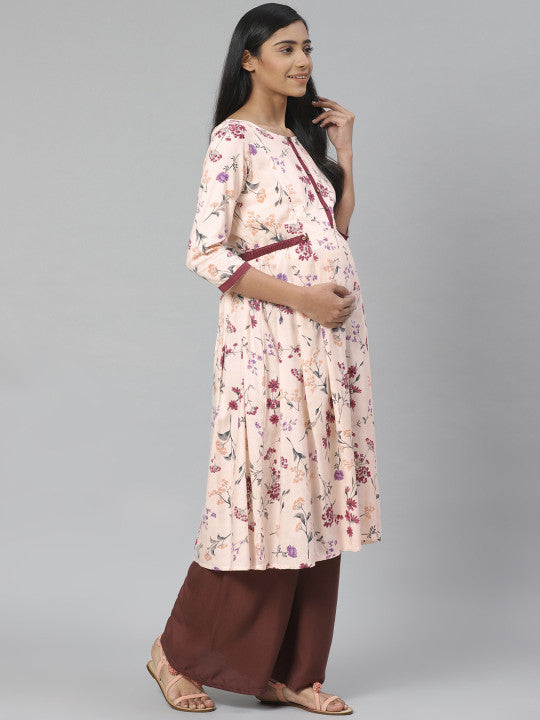 Women Peach-Coloured & Burgundy Floral Print A-Line Maternity Kurta
