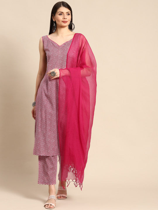 Women Pink & White Leheriya Printed Pure Cotton Kurta with Trousers & Dupatta