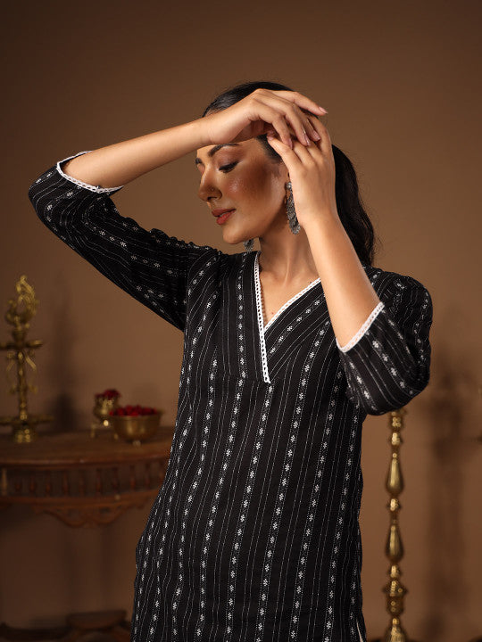 anayna Women Woven Design Striped Straight Kurta