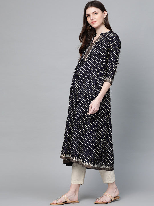 Women Navy Blue & Golden Ethnic Motifs Block Print A-Line Maternity & Nursing Kurta