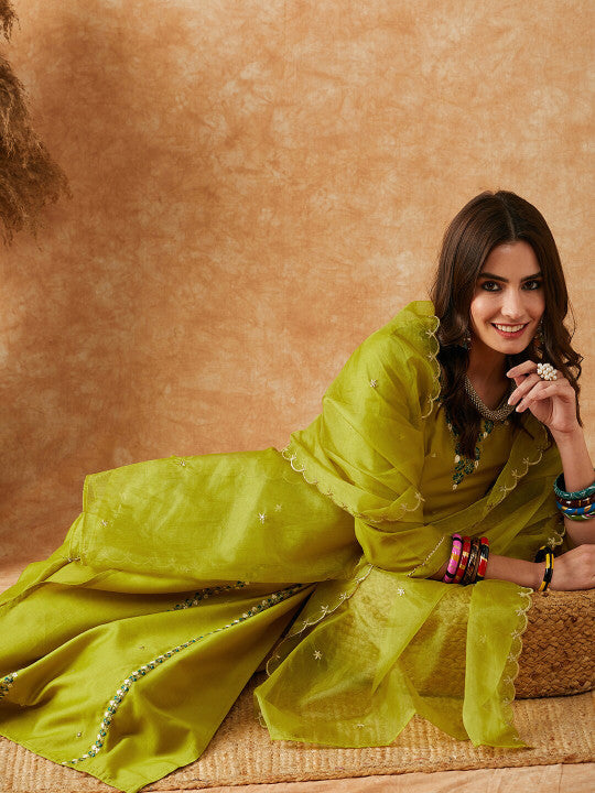 Sangria Embroidered Straight Kurta With Trouser & Dupatta Set