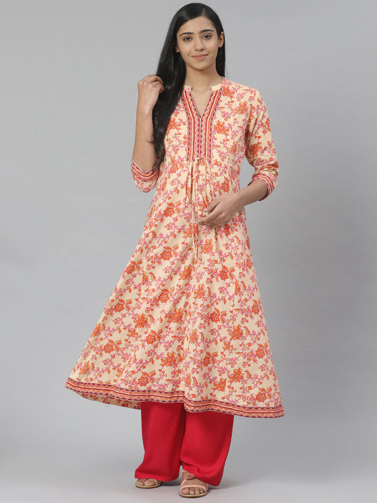 Women Cream-Coloured & Orange Printed Feeding Maternity A-Line Kurta