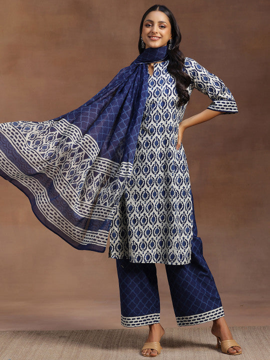 Libas Ethnic Motifs Printed Straight Pure Cotton Kurta with Palazzos & Dupatta
