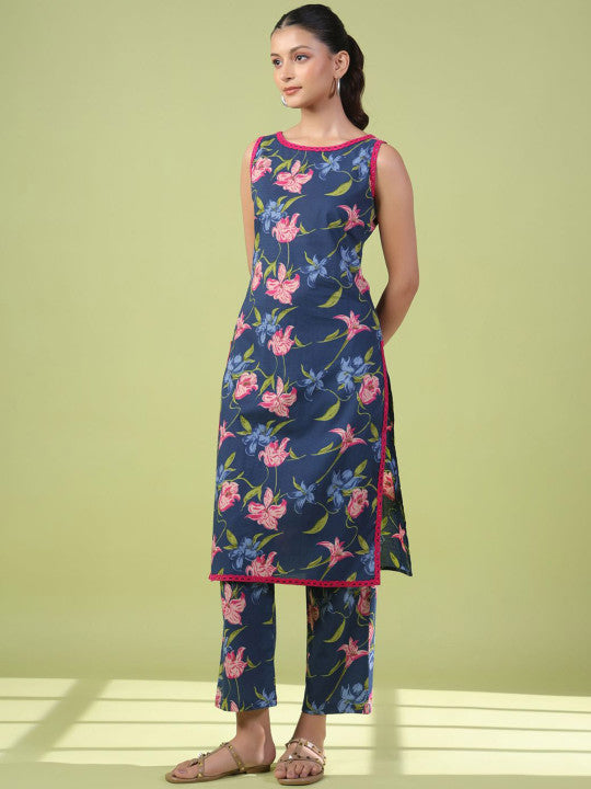 anayna Women Floral Printed Regular Pure Cotton Kurta with Trousers