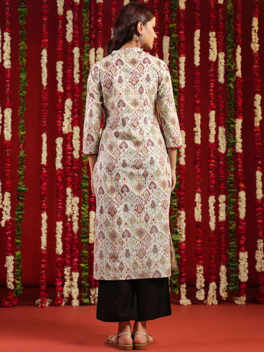 anayna White & Maroon Ethnic Motifs Printed Mandarin Collar Cotton Straight Kurta