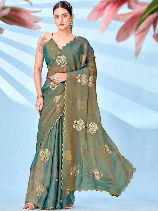 Tikhi Imli Floral Sequinned Embellished Satin Heavy Work Saree with Blouse Piece