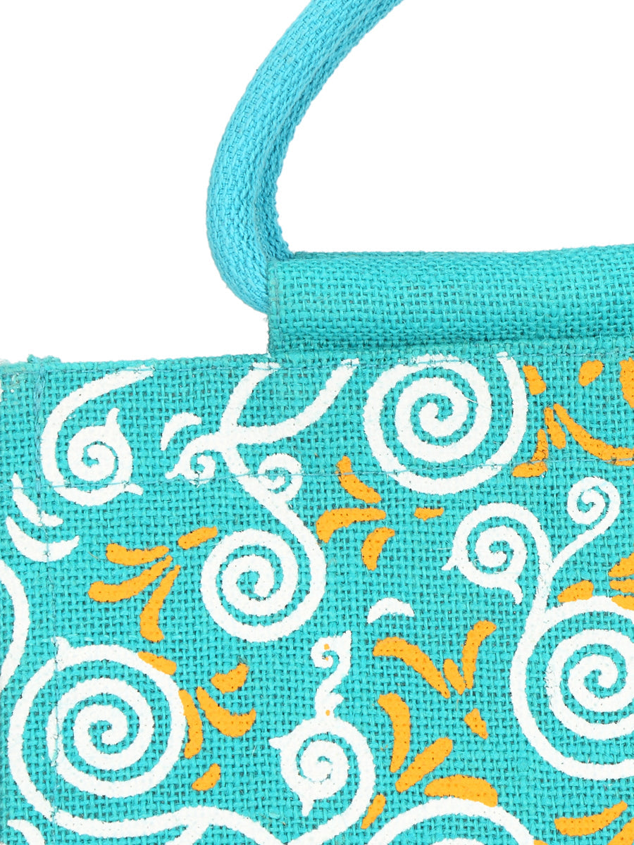JUTE COTTAGE ALL OVER NEW PRINT 2 COLOUR ZIPPER LUNCH BAG, SUSTAINABLE, ECO-FRIENDLY, 100% GENUINE, STYLISH JUTE BAG (TURQUOISE BLUE 10X10X6)
