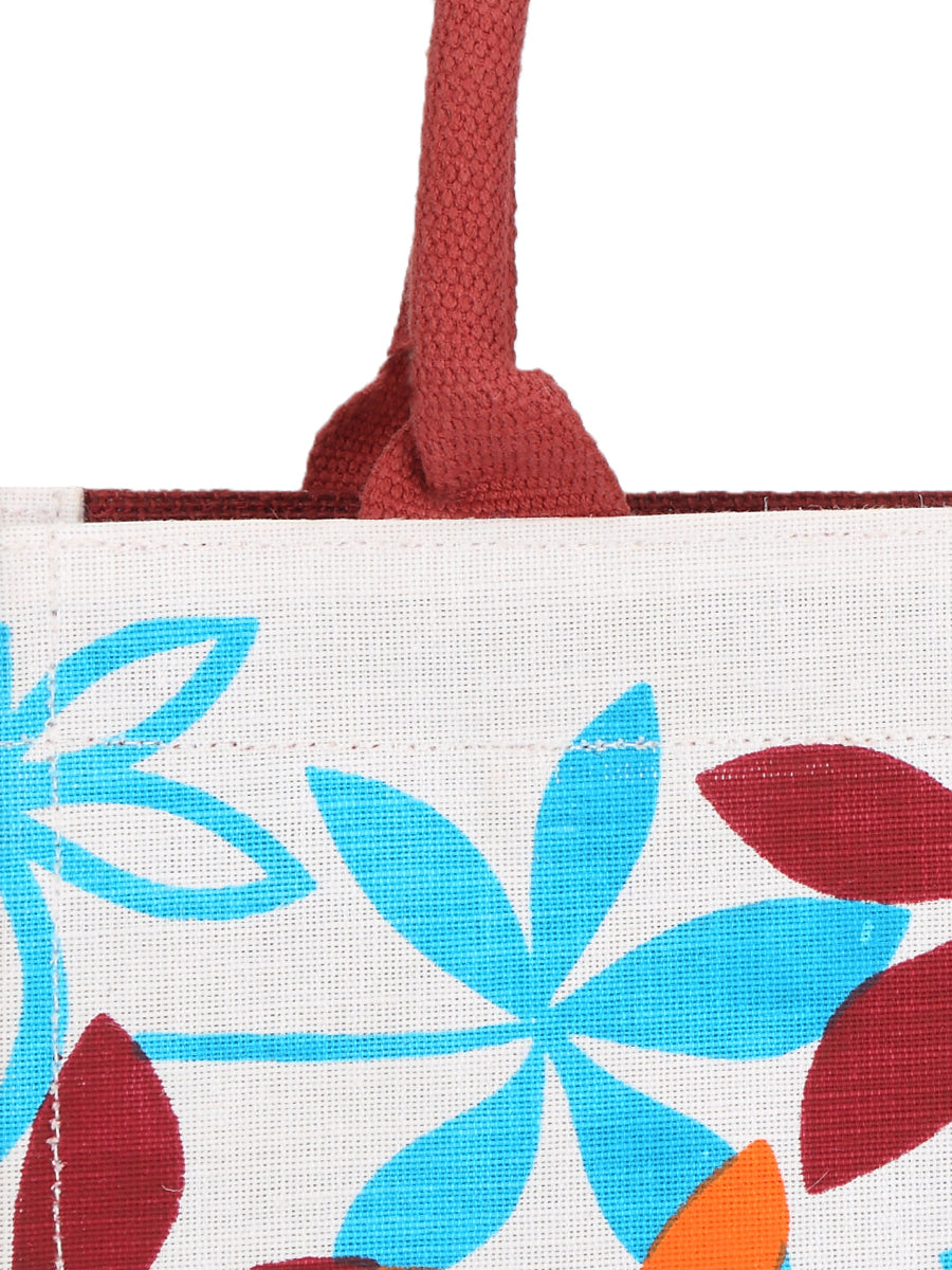 JUTE COTTAGE JUCO PRINTED ZIPPER LUNCH BAG, SUSTAINABLE, ECO-FRIENDLY, 100% GENUINE JUTE, STYLISH (MAROON 12X12X7)