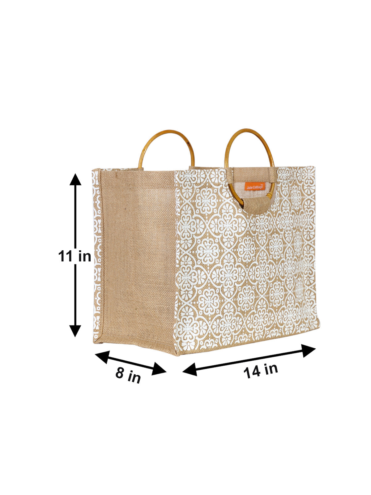JUTE COTTAGE MUGHAL PRINT LUNCH BAG,  CANE HANDLE, SUSTAINABLE, ECO-FRIENDLY, 100% GENUINE, STYLISH JUTE BAG (NATURAL 11X14X8)