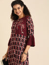 Sangria Women Burgundy & Peach-Coloured Geometric Embroidered Bell Sleeves Kurta