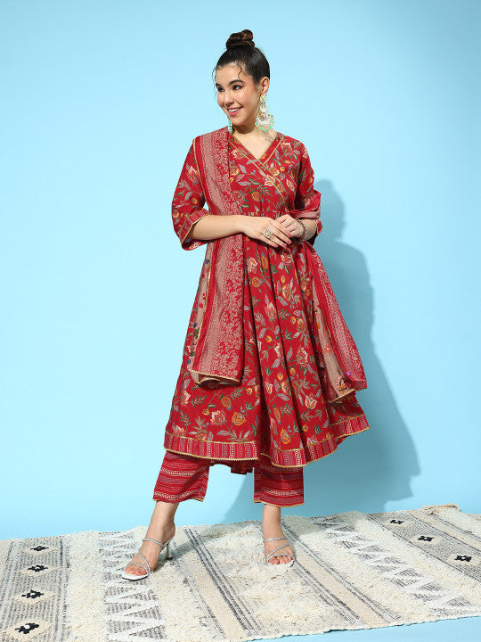 Libas Womens Red Printed Anarkali Kurta With Trousers & Dupatta