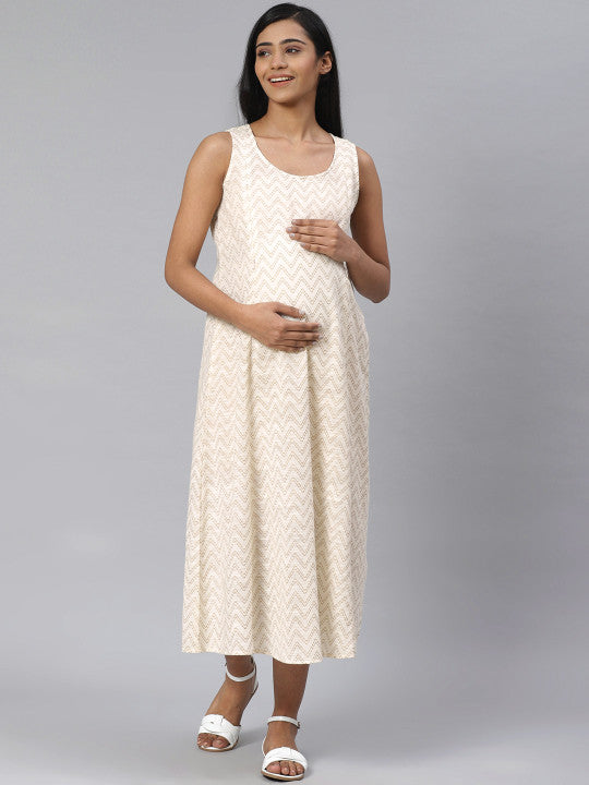 anayna Women Green & Off-White Printed Pure Cotton Maternity Layered A-Line Dress