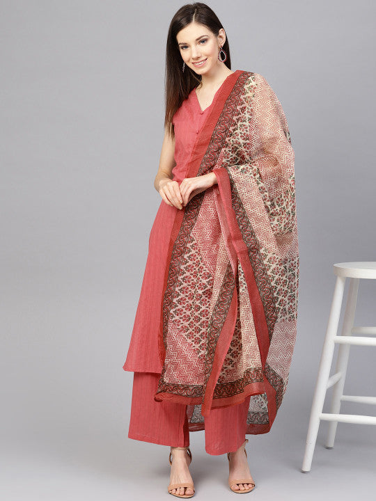 Women Pink Self-Striped Kurta with Trousers & Dupatta