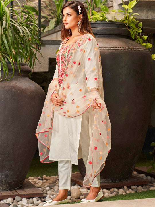 Floral Embroidered Cotton Blend Kurta with Trousers & Dupatta