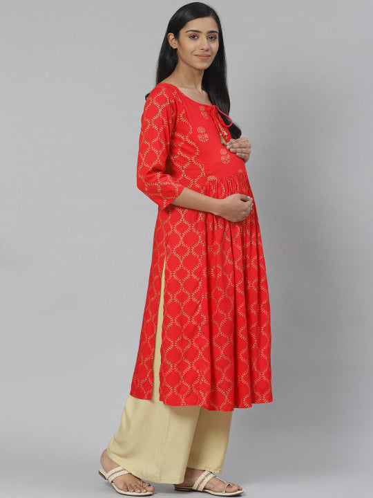 Women Red & Golden Printed Feeding Maternity A-Line Kurta
