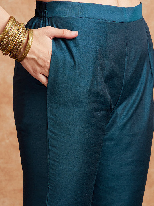 Sangria Teal Blue Embroidered Zari Sequence A Line Kurta & Trousers Dupatta