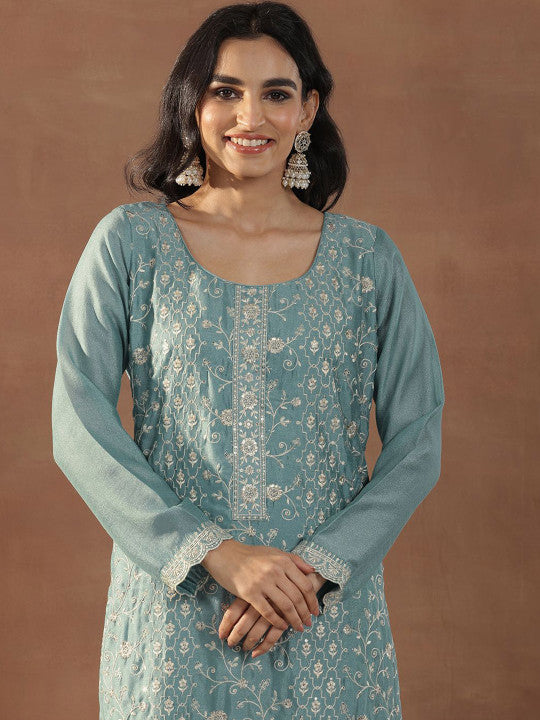 Libas Blue Floral Embroidered Scoop Neck Sequinned Straight Kurta With Trousers & Dupatta