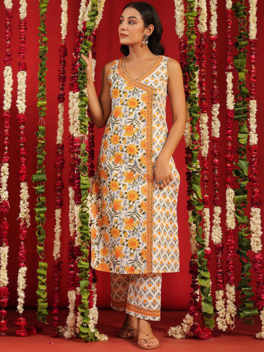 anayna Floral Printed V-Neck Straight Pure Cotton Kurta With Trousers