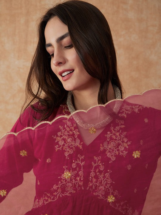 Sangria Embroidered Anarkali Kurta With Palazzo & Dupatta Set