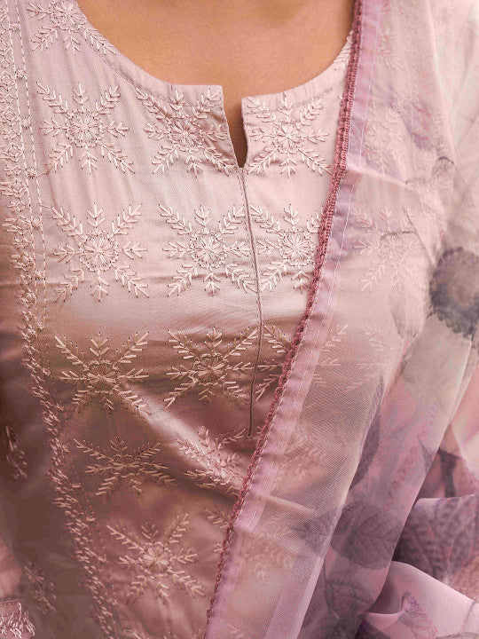 Tikhi Imli Floral Embroidered Pure Cotton Kurta With Trousers & Dupatta